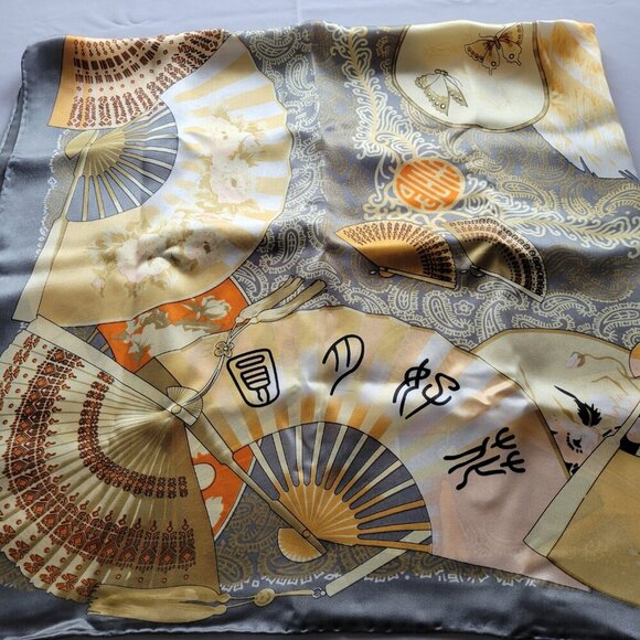 Vintage Huali 100% Silk Asian Fan Design Ladies Scarf - Picture 10 of 15